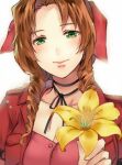  1girl aerith_gainsborough breasts brown_hair cleavage closed_mouth cropped_jacket final_fantasy final_fantasy_vii flower green_eyes hair_ribbon long_hair looking_at_viewer ribbon simple_background smile solo tama_(tmfy5) white_background 