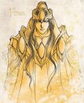  1boy black_hair crown dated finwe kazuki-mendou long_hair looking_at_viewer male_focus monochrome one-hour_drawing_challenge parted_lips pointy_ears ponytail signature silmarillion smile solo yellow_theme 