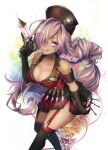  1girl black_gloves blue_eyes braid breasts cetus_kkk cinderella_(sinoalice) cleavage closed_mouth dark_skin dark_skinned_female elbow_gloves gloves hat holding holding_weapon kneehighs large_breasts long_hair looking_at_viewer name_tag nurse nurse_cap pink_hair sinoalice smile solo syringe syringe_gun syringe_holster tongue twitter_username weapon 