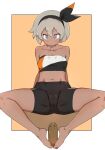  1girl adapted_costume bangs bare_arms barefoot bea_(pokemon) bike_shorts black_hairband blush border bow_hairband cameltoe collarbone commentary_request dark_skin dark_skinned_female diglett eyebrows_visible_through_hair gen_1_pokemon grey_eyes grey_hair gym_leader hair_between_eyes hairband highres knees korean_commentary looking_at_viewer navel outside_border pokemon pokemon_(creature) pokemon_(game) pokemon_swsh s10021 short_hair spread_legs sweatdrop toes white_border 