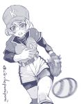  1girl absurdres bangs baseball_cap baseball_mitt belt bike_shorts bike_shorts_under_shorts commentary_request frown girls_und_panzer greyscale grimace hat highres inoue_yoshihisa long_sleeves looking_at_viewer monochrome motion_blur partial_commentary shirt short_hair short_over_long_sleeves short_sleeves shorts socks softball softball_uniform solo sportswear standing sweat thigh_gap twitter_username youko_(girls_und_panzer) 