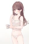 1girl bangs blush brown_hair brushing_teeth camisole closed_mouth collarbone commentary_request cup eyebrows_visible_through_hair gradient gradient_background grey_background highres holding holding_cup long_hair looking_at_viewer mug navel original panties purple_eyes solo standing strap_slip suzumori_uina toothbrush toothpaste underwear underwear_only white_background white_camisole white_panties 