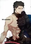  1boy agravain_(fate) armor belt black_armor black_hair blood chain clenched_teeth collarbone fate/grand_order fate_(series) glaring grey_eyes hair_slicked_back hair_strand highres looking_away male_focus muscular muscular_male nogi_(acclima) single_bare_shoulder solo teeth torn_clothes upper_body white_background 