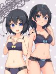  2girls :o absurdres antennae bangs black_bra black_eyes black_hair black_panties blue_eyes bow bow_bra bow_panties bra breasts cleavage commentary cowboy_shot eyebrows_visible_through_hair greater_lophorina_(kemono_friends) grey_background hand_in_hair hands_on_own_chest highres kemono_friends lace-trimmed_bra lace-trimmed_panties lace_trim lingerie looking_at_viewer medium_hair multiple_girls navel open_mouth panties polka_dot polka_dot_background shiraha_maru short_hair side-by-side small_breasts smile standing underwear underwear_only western_parotia_(kemono_friends) 