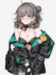  1girl aogisa blush breasts cleavage collar collarbone commission girls_frontline grey_hair highres honey_badger_(girls_frontline) medium_breasts off_shoulder skeb_commission solo 