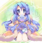  :3 asymmetrical_hair bangs blue_dress blue_eyes blue_gloves blue_hair blush brown_cape cape commentary_request crossover dress elbow_gloves eyebrows_visible_through_hair fingerless_gloves full_body fur-trimmed_cape fur_trim gloves happy_birthday hizukiryou long_hair looking_at_viewer marin_(ragnarok_online) puyo_(puyopuyo) puyopuyo ragnarok_online seiza short_dress sitting slime_(creature) wizard_(ragnarok_online) 