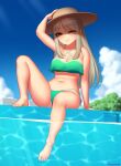  1girl ;3 arm_up artist_name bare_legs bare_shoulders barefoot bikini blue_sky breasts cloud commentary commission day eyebrows_visible_through_hair eyes_visible_through_hair feet full_body green_bikini hand_on_headwear hat kuroonehalf long_hair looking_at_viewer medium_breasts navel one_eye_closed original outdoors platinum_blonde_hair pool red_eyes side-tie_bikini sitting sky smile solo sun_hat swimsuit toes water 