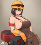  1girl belt belt_buckle blue_eyes breasts brown_hair buckle cleavage cowboy_shot donburi_(donburikazoku) eyewear_on_head genderswap genderswap_(mtf) hair_between_eyes hardhat helmet highres large_breasts machinery overalls reclining red_armband sentry short_hair team_fortress_2 the_engineer work_gloves 