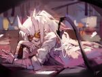  1girl absurdres bangs dokuro_deluxe glasses helltaker high_ponytail highres horns labcoat laboratory long_hair looking_at_viewer loremaster_(helltaker) lying mechanical_arms on_stomach ponytail red-tinted_eyewear red_eyes sketch sleeves_pushed_up smile solo very_long_hair white_hair white_horns 