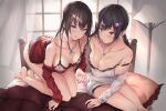  2girls aliasing aqua_eyes barefoot bed black_hair bra braids breast_hold breasts cleavage long_hair necklace original panties parfaitlate red_eyes twins twintails underwear 