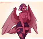  2021 ambiguous_gender anthro avian beak biped bird bottomwear clothed clothing feathered_wings feathers girly green_eyes hair katfishcom male navel open_beak open_mouth patreon patreon_logo purple_hair simple_background skirt solo star_lubanah topless torn_clothing wings 