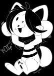  black_background black_hair canid canine clothed clothing deeum detachable detachable_head felid feline hair mammal simple_background sitting solo tem temmie_(undertale) text topwear undertale video_games white_body 