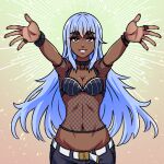  1girl akairiot arms_up belt black_bra blue_hair bra breasts dark_skin dark_skinned_female fishnet_top fishnets gradient gradient_background highres long_hair medium_breasts navel original parted_lips sifa_(akairiot) smile solo underwear upper_body 