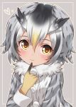  1girl animal_ears bangs blonde_hair blush brown_eyes closed_mouth coat commentary fur_collar gloves gradient_hair grey_background grey_coat grey_hair hair_between_eyes hand_up heart highres index_finger_raised kemono_friends long_sleeves looking_at_viewer multicolored_hair northern_white-faced_owl_(kemono_friends) outline owl_ears short_hair signature solo upper_body usagi_koushaku wavy_mouth yellow_gloves 