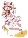  1girl animal_ears bell calico cat_ears cat_tail claw_pose goutokuji_mike lana151 leg_up midriff multicolored_hair neck_bell open_mouth orange_eyes patches shirt short_hair shorts tail touhou w white_background white_shirt white_shorts 