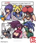  6+girls akairiot akali animal_ears arknights bare_shoulders blonde_hair blue_eyes blue_hair breasts brown_eyes brown_hair cat character_name cleavage copyright_request disgaea english_text fujibayashi_shiina green_bandana grey_mask hand_up highres kyoko_needleworker league_of_legends makai_senki_disgaea_3 mask mouth_mask multiple_girls naruto_(series) ninja ponytail purple_eyes purple_hair purple_mask shirayuki_(arknights) six_fanarts_challenge soulcalibur taki_(soulcalibur) tales_of_(series) tales_of_symphonia temari trait_connection upper_body upside-down white_cat white_hair 