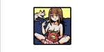  1girl akairiot bag bag_of_chips bangs blunt_bangs breasts brown_eyes brown_hair cat chips eating eyebrows_visible_through_hair food highres holding holding_food large_breasts long_hair nude original potato_chips shadow socks solo striped striped_legwear 