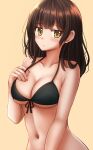  1girl :t bangs bare_arms bare_shoulders bikini black_bikini blush breasts brown_background brown_eyes brown_hair cleavage closed_mouth collarbone commentary eyebrows_visible_through_hair front-tie_bikini front-tie_top hand_up hige_wo_soru._soshite_joshikousei_wo_hirou. highres kazenokaze long_hair looking_at_viewer medium_breasts nail_polish navel ogiwara_sayu pout red_nails simple_background solo swimsuit upper_body 