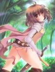  1girl armor ass bangs blush breastplate brown_cape brown_eyes brown_hair brown_legwear bush cape chainmail closed_mouth commentary_request day eyebrows_visible_through_hair feet_out_of_frame forest gauntlets hair_between_eyes hizukiryou holding holding_sword holding_weapon kneehighs knight_(ragnarok_online) looking_at_viewer looking_back medium_hair nature outdoors pauldrons ragnarok_online shoulder_armor smile solo sword tree underbutt weapon 