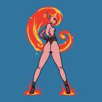 1girl akairiot ass blue_background breasts brenna_(akairiot) colored_sclera colored_skin fiery_hair fire from_behind full_body hands_on_hips highres long_hair looking_at_viewer original parted_lips pink_skin pointy_ears red_eyes simple_background small_breasts smile solo standing very_long_hair yellow_sclera 