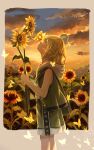 1boy bug butterfly closed_eyes cloud evening field flower flower_field green_eyes green_hair highres holding holding_flower hood hood_down insect looking_up male_focus nomi_(kurocxx110) outdoors pinocchio_(sinoalice) short_hair shorts sinoalice sky solo sunflower sunset 