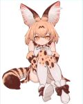  1girl absurdres animal_ear_fluff animal_ears ankle_boots blonde_hair boots bow bowtie closed_mouth elbow_gloves eyebrows_visible_through_hair gloves highres kemono_friends leg_hug looking_at_viewer miniskirt notora print_gloves print_legwear print_neckwear print_skirt serval_(kemono_friends) serval_ears serval_print serval_tail shirt short_hair sitting skirt sleeveless sleeveless_shirt smile solo striped_tail tail white_footwear white_shirt yellow_eyes yellow_gloves yellow_legwear yellow_neckwear 