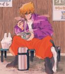  1boy bandaid bandaid_on_hand bangs bench blonde_hair blush bright_pupils cat chopsticks food hair_between_eyes highres holding holding_chopsticks jacket jounouchi_katsuya long_sleeves looking_at_viewer male_focus morijio_(pnpn_no_mm) noodles open_clothes open_jacket orange_pants purple_jacket short_hair sign sitting smile solo team white_pupils yu-gi-oh! 