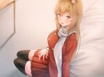  1girl animal_ear_fluff animal_ears bangs black_legwear blonde_hair blush commentary commission cosplay futon grayfox indoors jewelry long_hair long_sleeves looking_at_viewer original red_eyes red_skirt ring scarf sidelocks skirt smile solo thighhighs white_scarf 
