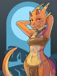  abs bandeau bottomwear captaincob clothing female hands_behind_head hi_res humanoid kobold loincloth looking_at_viewer navel one_eye_closed smile solo topwear wide_hips wink 