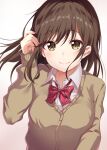  1girl blush bow bowtie breasts brown_eyes brown_hair closed_mouth commentary_request hand_up hige_wo_soru._soshite_joshikousei_wo_hirou. long_sleeves looking_at_viewer medium_breasts ogiwara_sayu red_neckwear sayuuiede school_uniform smile solo striped striped_neckwear upper_body 