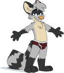  anthro autumndork barefoot black_body black_fur blue_eyes briefs bulge clothed clothing feet footprint fur grey_body grey_fur hi_res male mammal maroon_briefs maroon_underwear orange_nose patterned_clothing patterned_underwear pawprint procyonid raccoon red_briefs red_clothing red_underwear ringo_raccoon simple_background smile solo tan_body tan_fur topless underwear underwear_only white_background 