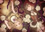  2girls bangs blonde_hair bloomers_(victorian) blunt_bangs briar_rose_(sinoalice) brown_eyes choker corset flower gothic_lolita hair_ribbon happy little_red_riding_hood_(sinoalice) lolita_fashion long_hair long_sleeves looking_at_viewer lying multiple_girls ojo_aa on_back open_mouth plant puffy_short_sleeves puffy_sleeves ribbon rose short_sleeves sidelocks signature sinoalice thorns veil victorian vines wavy_hair white_flower white_rose 