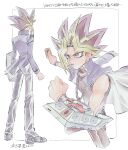  1boy blonde_hair card chain clenched_hand commentary_request duel_disk highres holding holding_card jacket long_sleeves lower_teeth male_focus morijio_(pnpn_no_mm) multicolored_hair multiple_views open_mouth pants shoes spiked_hair standing tongue translation_request yami_yuugi yu-gi-oh! 