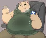  2021 anthro bodily_fluids bottomwear brown_body brown_fur clothing fur hi_res inigo_(kusosensei) kemono kusosensei male mammal obese obese_anthro obese_male overweight overweight_anthro overweight_male pants phone shirt sitting solo sweat topwear ursid 