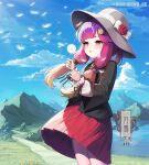  1girl :o alternate_costume bangs black_jacket blonde_hair blowing blush cloud dandelion dandelion_seed day flower gradient_hair hair_ornament hair_ribbon hat highres holding jacket kantai_collection long_hair low_twintails mole mole_under_eye mountain multicolored_hair orange_hair outdoors pink_hair purple_hair red_flower red_rose red_skirt ribbon rose skirt sky solo tsushima_(kancolle) twintails twitter_username unidentified_nk water yellow_flower 
