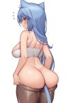  1girl anal_tail animal_ears ass blue_hair blush bra breasts brown_legwear cat_ears closed_mouth commentary english_commentary fake_tail from_behind highres itsumi_(kaptivate) kaptivate large_breasts long_hair looking_at_viewer original pantyhose red_eyes simple_background smile solo sweat tail underwear wavy_mouth white_background white_bra 