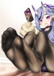  1girl absurdres black_legwear blue_hair cameltoe chocolate choker earrings fang feet foot_focus fukuinu highres horns jewelry long_hair mole mole_under_mouth multicolored_hair nijisanji no_shoes oni oni_horns panties panties_under_pantyhose pantyhose pointy_ears ponytail purple_eyes purple_ribbon ribbon rindou_mikoto short_eyebrows sitting skin-covered_horns skin_fang sleeves_past_fingers sleeves_past_wrists soles solo streaked_hair thick_eyebrows toes underwear valentine virtual_youtuber 