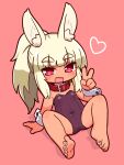  1girl :d animal_ear_fluff animal_ears bare_legs bare_shoulders barefoot blonde_hair blush breasts bunny_ears collar commentary_request covered_navel dark_skin dark_skinned_female full_body hand_up heart heart-shaped_pupils highres leotard long_hair looking_at_viewer masurao_(sekaiju) naga_u open_mouth pink_background ponytail purple_leotard red_collar red_eyes revision sekaiju_no_meikyuu sekaiju_no_meikyuu_5 shadow sidelocks small_breasts smile solo strapless strapless_leotard symbol-shaped_pupils thick_eyebrows v very_long_hair wrist_cuffs 