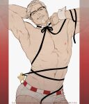  &gt;_o 1boy animal bara bird black_ribbon blue_eyes bow bowtie briefs chick closed_mouth colonel_sanders facial_hair glasses goatee highres i_reibun kfc looking_at_viewer male_focus male_underwear mature_male muscular muscular_male mustache navel nipples one_eye_closed pectorals ribbon short_hair smile topless_male underwear white_hair white_male_underwear wrist_cuffs 