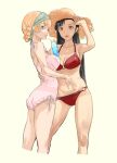  2girls absurdres adjusting_clothes adjusting_headwear arm_around_waist ass asymmetrical_bangs bangs bikini black_hair blonde_hair blue_eyes braid breasts brown_eyes brown_headwear commentary cup darjeeling_(girls_und_panzer) drinking_glass drinking_straw flat_ass food frilled_swimsuit frills from_side fruit girls_und_panzer green_bandana hat highres holding holding_cup lemon lemon_slice long_hair looking_at_viewer medium_breasts medium_hair miki_(tosaibom) multiple_girls nishi_kinuyo o-ring o-ring_bikini one-piece_swimsuit open_mouth red_bikini short_hair simple_background smile standing straight_hair straw_hat sun_hat swimsuit tied_hair white_background white_swimsuit yuri 