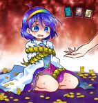  blue_eyes blue_hair bound crying headband money pote_(ptkan) rainbow scared short_hair tears tenkyuu_chimata tied_up touhou 