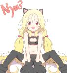  1girl animal_ears black_bra black_legwear black_panties blonde_hair blush bra cameltoe cleavage_cutout clothing_cutout collar fake_animal_ears fangs gloves highres long_hair looking_at_viewer luke_(dydansgur) navel nyan onomatopoeia original panties paw_gloves paw_shoes paws red_collar red_eyes romaji_text shoes skin_fangs solo spread_legs stomach underwear very_long_hair white_background 