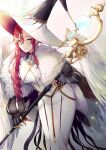  1girl bird_wings dress earrings fate/grand_order fate_(series) feather_boa hat highres holding holding_staff jewelry long_dress long_hair mentaikopan miss_crane_(fate) red_hair staff wings witch_hat 