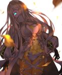  1girl black_gloves blonde_hair blue_eyes breasts cleavage cleavage_cutout clothing_cutout energy flower gloves glowing glowing_eyes high_collar highres large_breasts legband long_hair long_sleeves ojo_aa open_clothes panties petals rapunzel_(sinoalice) sidelocks sinoalice solo underwear very_long_hair white_background yellow_flower 