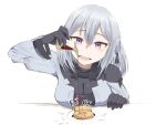  1girl breast_rest breasts cleavage commentary_request food girls_frontline hair_between_eyes highres kuzumotsu large_breasts open_mouth plate pouring purple_eyes rpk-16_(girls_frontline) short_hair silver_hair simple_background smile solo soy_sauce upper_body white_background 