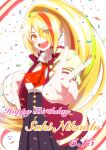  artist_request blonde_hair commentary_request confetti green_hair hair_over_one_eye happy_birthday high-waist_skirt high_ponytail highres jacket letterman_jacket long_hair long_skirt looking_at_viewer multicolored_hair nikaidou_saki open_clothes open_jacket open_mouth orange_hair skirt streaked_hair upper_body v white_background zombie_land_saga 