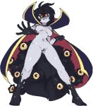  1girl black_hair blush breasts breasts_apart cape code_geass contrapposto cosplay extra_eyes full_body gazer_(monster_girl_encyclopedia) grey_skin legs_apart looking_at_viewer medium_breasts monster_girl_encyclopedia multicolored multicolored_cape multicolored_clothes navel nipples nude purple_cape pussy red_cape red_eyes rtil short_hair simple_background smile solo standing tail tentacle white_background yellow_sclera zero_(code_geass) zero_(code_geass)_(cosplay) 