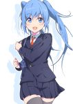  1girl bangs blazer blue_eyes blue_hair cowboy_shot eyebrows_visible_through_hair hatsune_miku itotokai jacket long_hair looking_at_viewer necktie open_mouth pleated_skirt sidelocks skirt solo thighhighs twintails vocaloid 