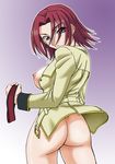  ashford_academy_uniform ass blue_eyes bottomless breasts code_geass collar from_behind green_shirt headband_removed kallen_stadtfeld large_breasts long_sleeves looking_at_viewer looking_back misnon_the_great nipples red_hair shirt solo 