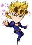 1boy blonde_hair brown_footwear chibi cleavage_cutout closed_mouth commentary_request full_body heart_cutout jacket jojo_no_kimyou_na_bouken kotatsu_(g-rough) long_hair long_sleeves looking_at_viewer male_focus pants ponytail purple_jacket purple_pants shoes smile solo vento_aureo yellow_eyes 